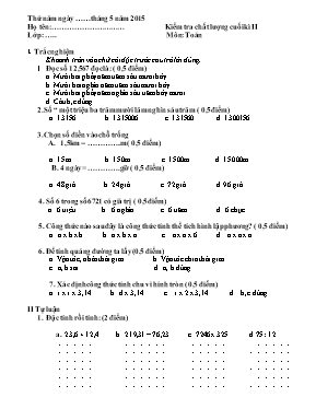Đề kiểm tra chất lượng cuối kì II môn Toán Lớp 5 - Năm học 2014-2015